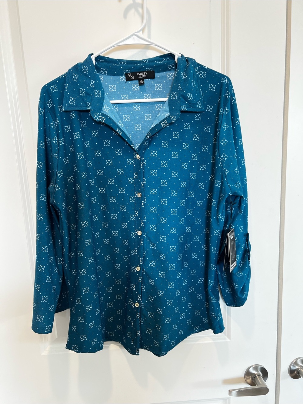 Ashley Blue Teal Geometric Print Button-Down Blouse